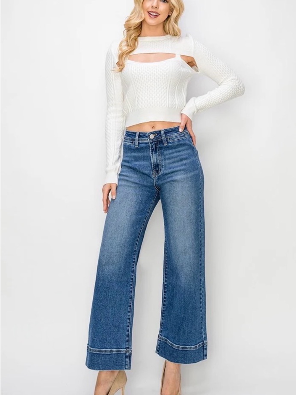 Lovervet by VERVET Making Moves Tummy Control wide-leg cuffed jeans.